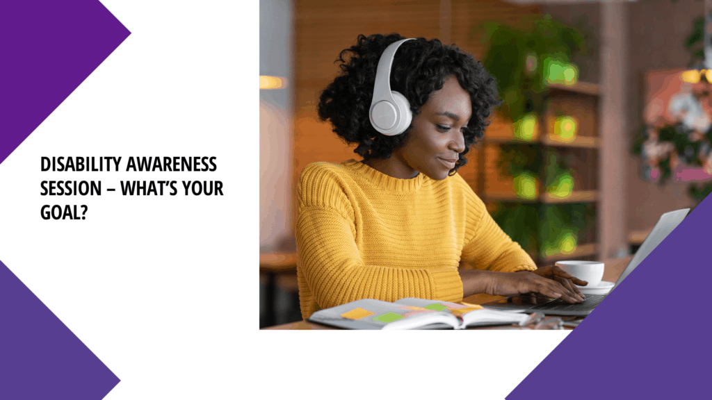 Person sitting with headphones on tuning into disability awareness training session
