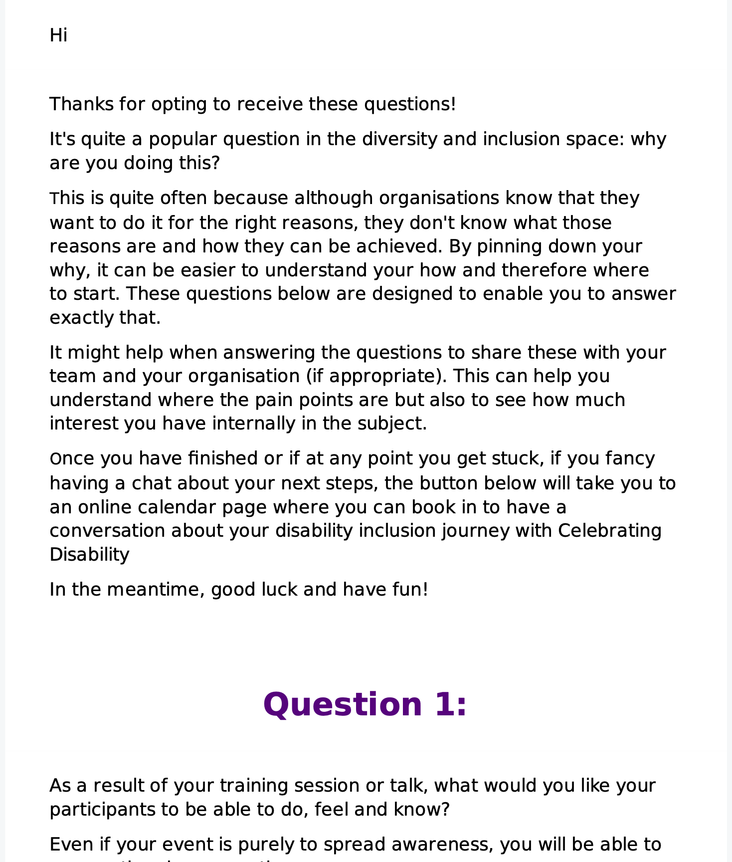Image displaying a section of the email you will receive to support you to define your disability awareness training goals