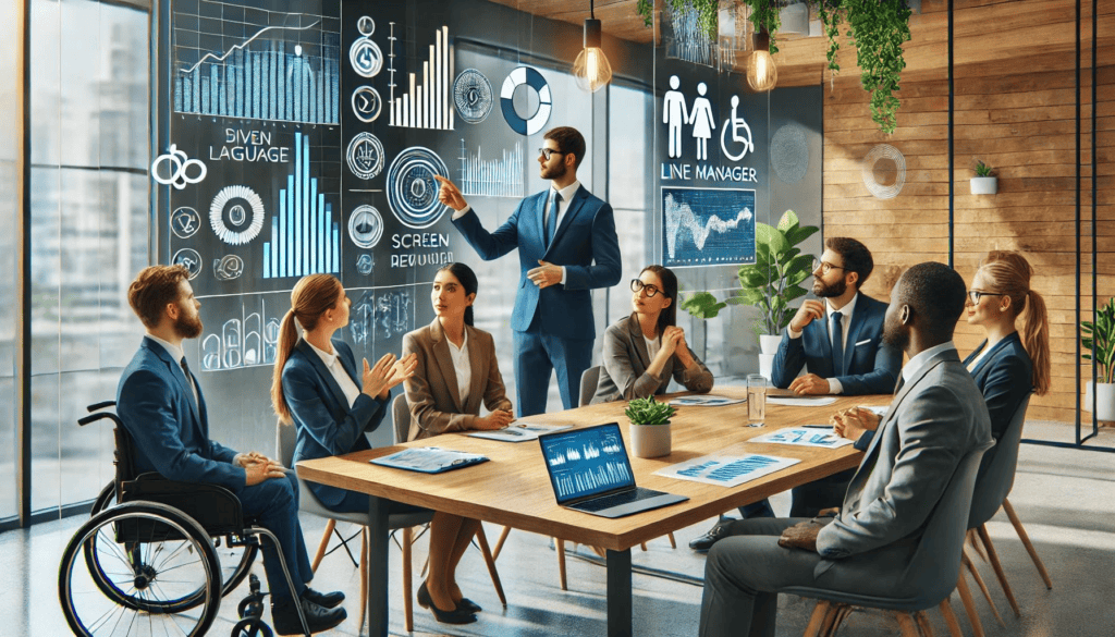 The image shows people sitting round the table, some have visible and invisible disabilities. They are talking about and looking at a wall that is representing all of the strategies that are being implemented to be inclusive of disabled people. These include: sign language, the support a line manager should be given to a disabled employee, data, etc