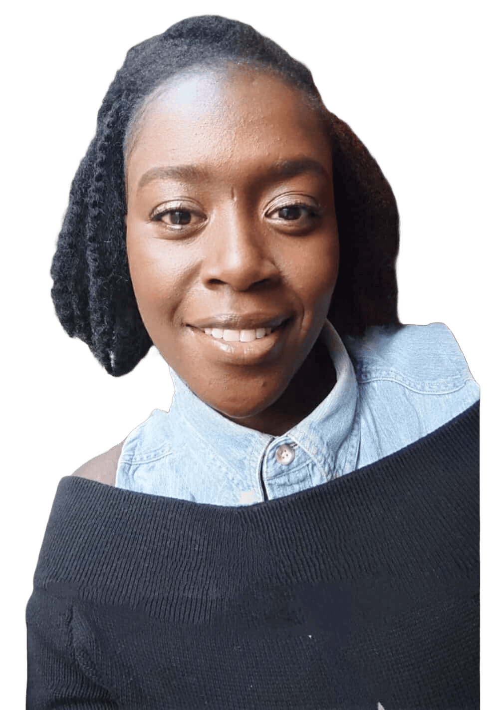 Picture of Eveline, smiling at the camera with blakc hair and a blue shirt.