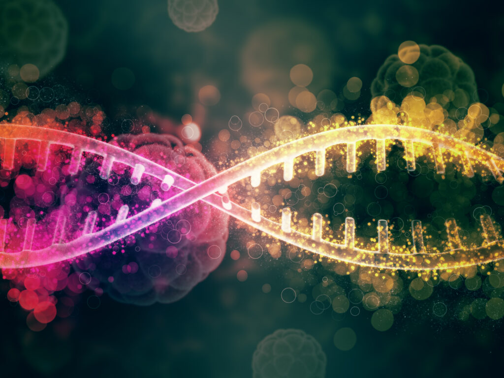 A colourful, abstract illustration of a DNA double helix glowing with pink, orange, and yellow light against a dark background. The image suggests interconnectedness, complexity, and progression, symbolising systemic inclusion and diversity at a foundational level.