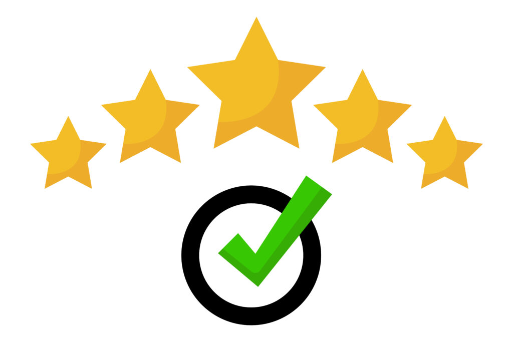 Five gold stars arching over a green check mark inside a black circle, representing a successful and effective training session that makes an impact.