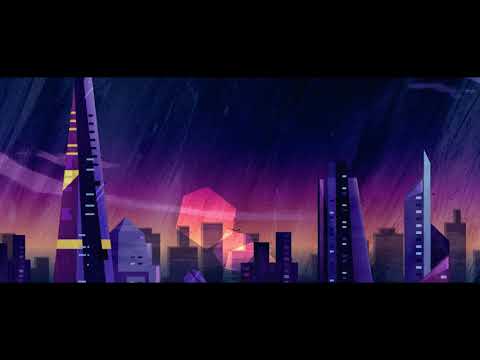 Stylised illustration of a futuristic city skyline at dusk, with tall geometric buildings, glowing windows, and a moody purple and orange sky with streaks of rain.
