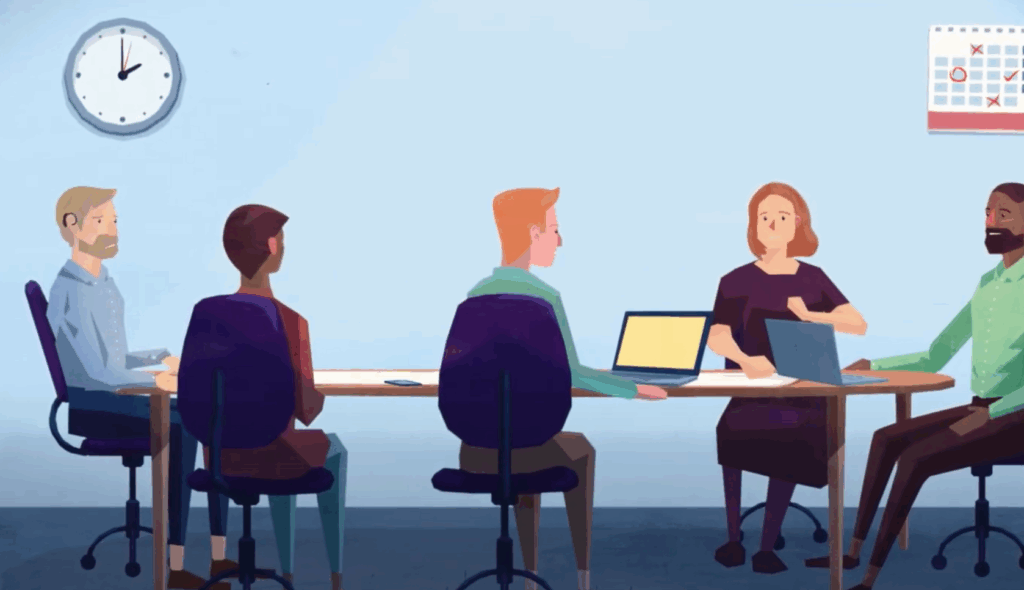 Illustration of five colleagues in a meeting room, two using laptops, one wearing a hearing aid, seated around a table.