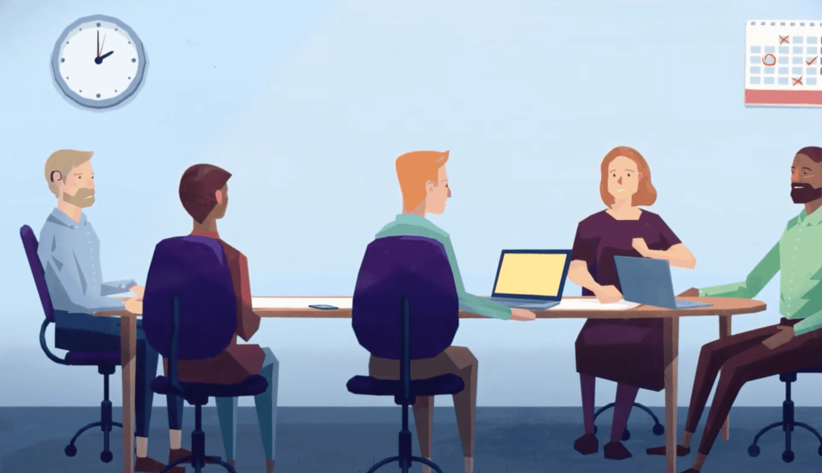 Illustration of five colleagues in a meeting room, two using laptops, one wearing a hearing aid, seated around a table.