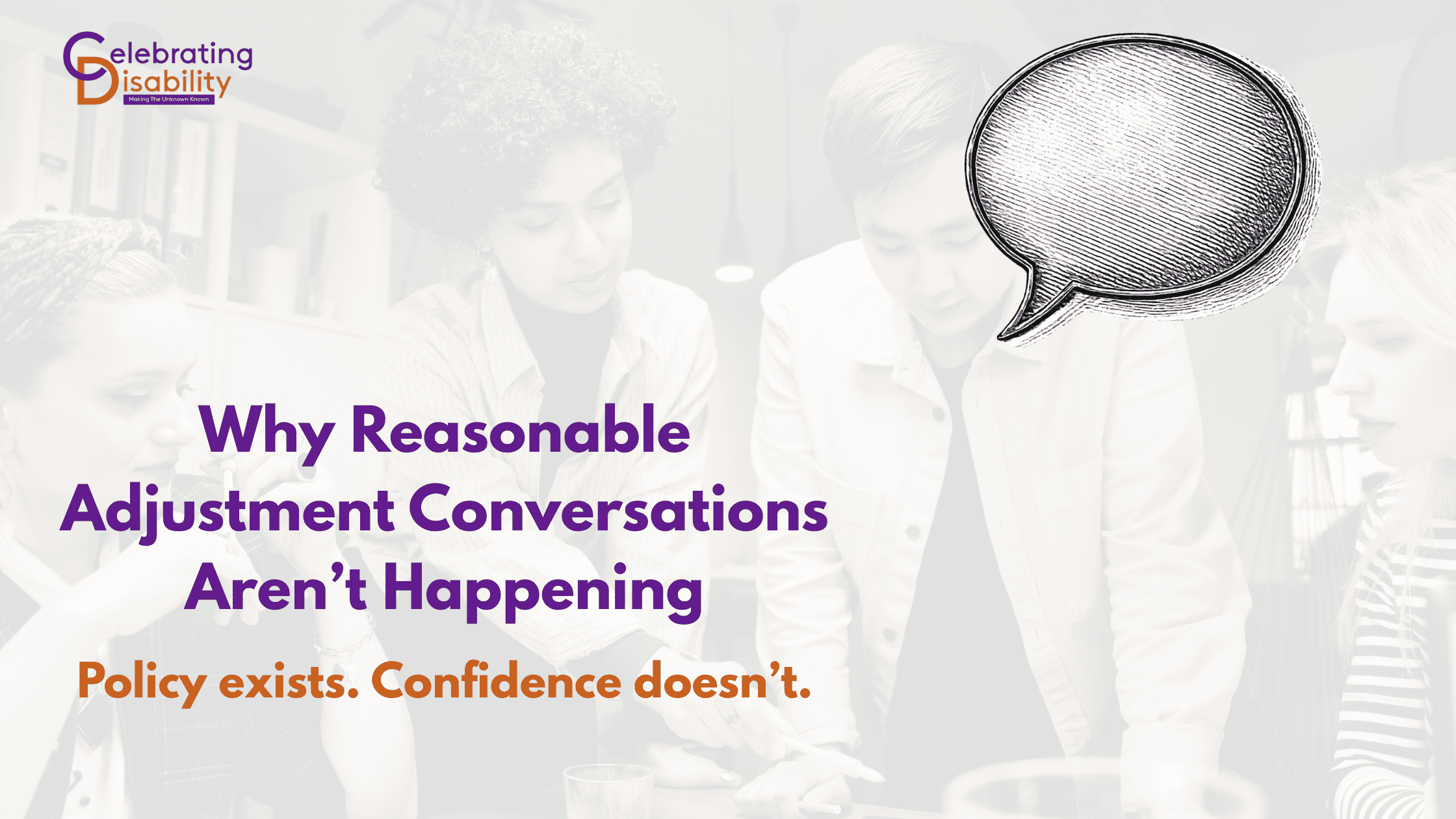Blurred workplace meeting room with an empty speech bubble overlay symbolising silence around reasonable adjustment conversations.