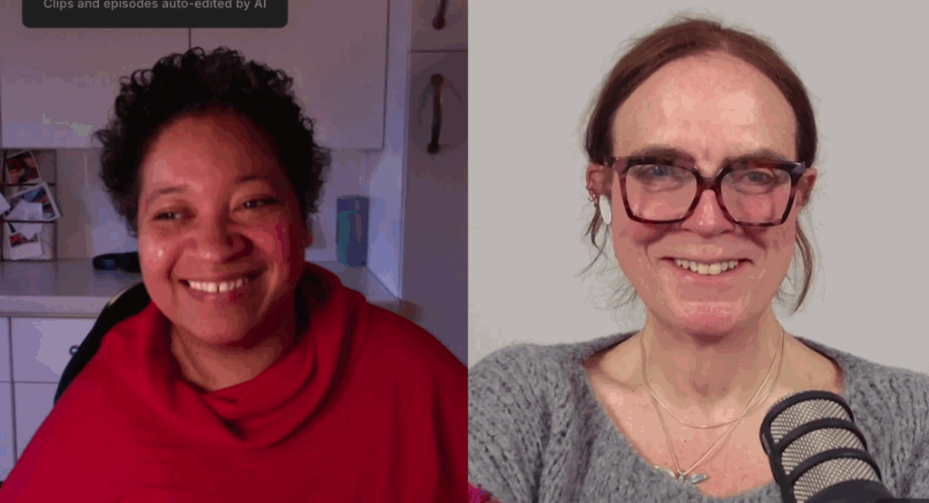 Two people on a split-screen video call, **Esi Hardy** on the left and **Joanne Lockwood** on the right, both smiling and looking at the camera. Esi is wearing a red top in a kitchen setting. Joanne is wearing glasses and a grey top, speaking into a microphone against a plain background.